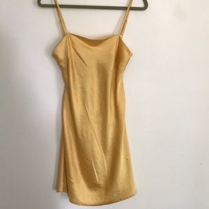 Cowl neck yellow satin dress